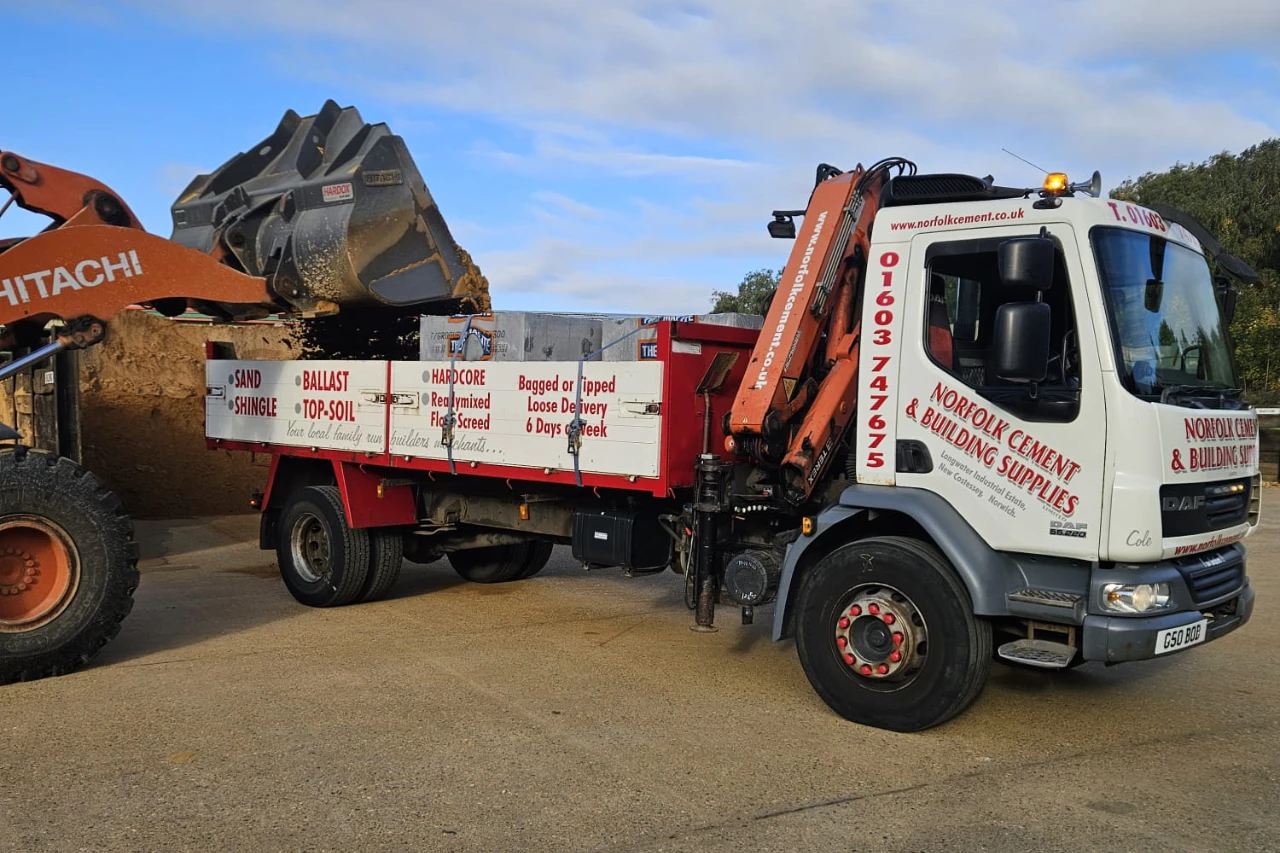 Norfolk Cement lorry being loaded with aggregates by a Hitachi loader